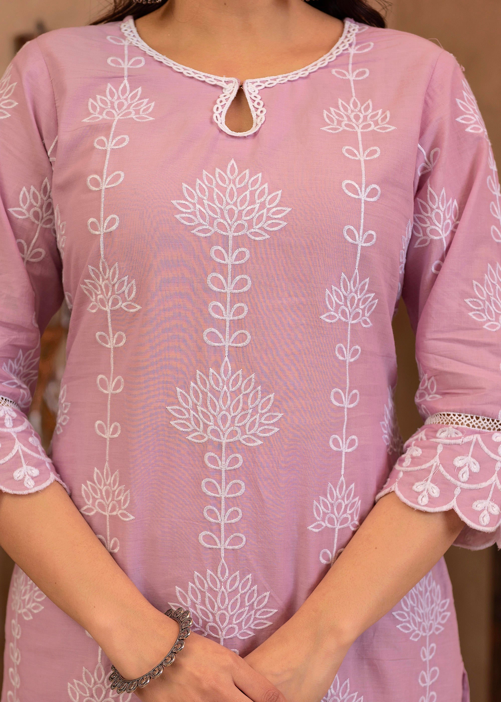 Juniper Lavender Embroidered Cotton Kurta with Palazzo & Cotton Sleeves | Grocsy