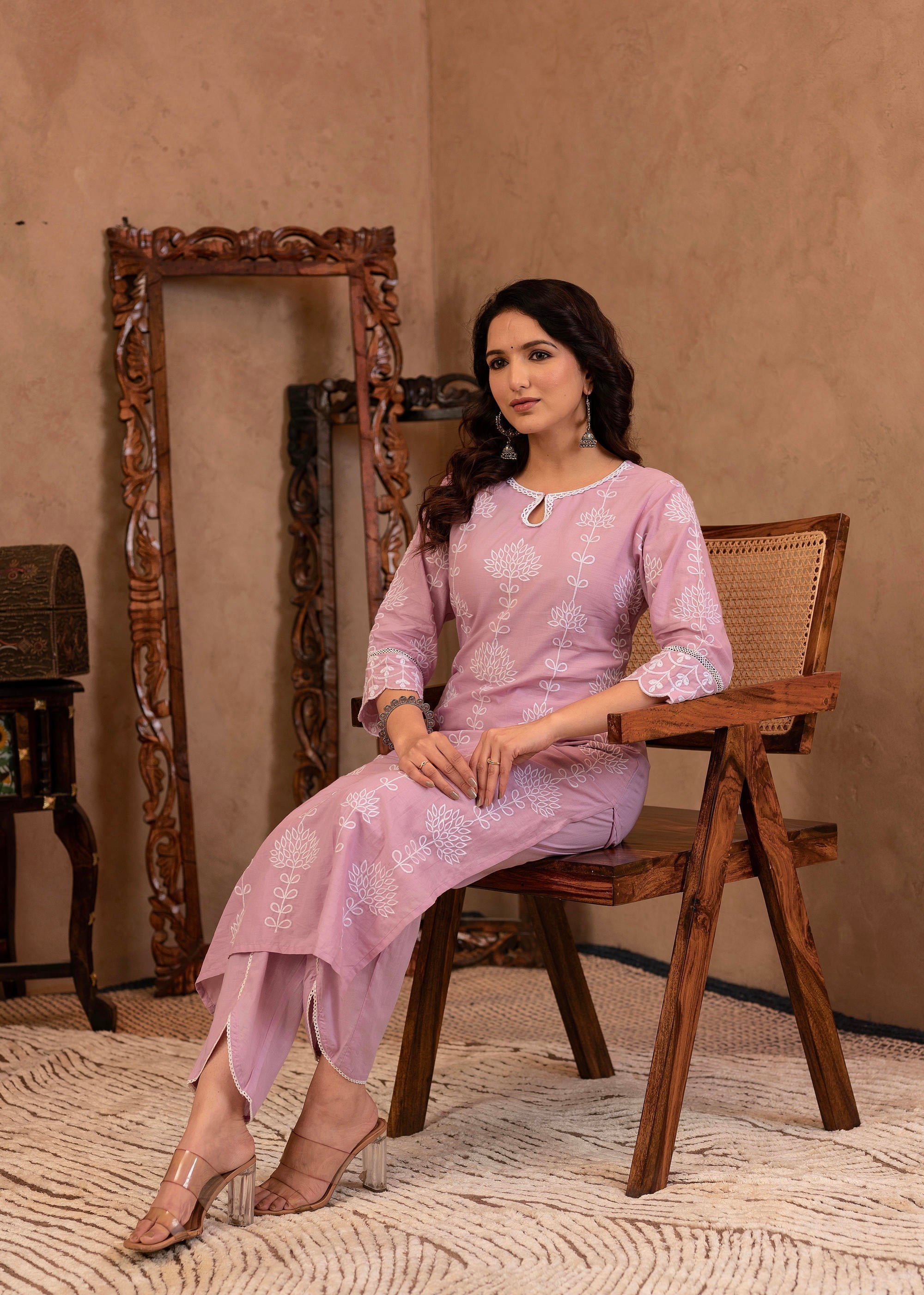 Juniper Lavender Embroidered Cotton Kurta with Palazzo & Cotton Sleeves | Grocsy