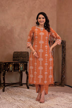 Juniper Rust Embroidered Cotton Kurta with Palazzo & Lace Details | Grocsy