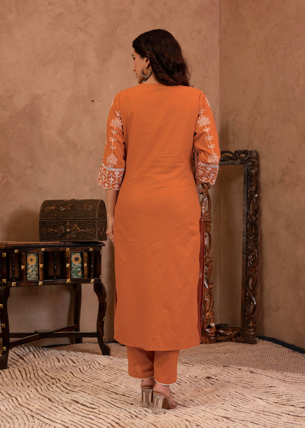 Juniper Rust Embroidered Cotton Kurta with Palazzo & Lace Details | Grocsy