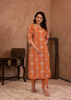 Juniper Rust Embroidered Cotton Kurta with Palazzo & Lace Details | Grocsy