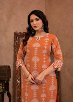 Juniper Rust Embroidered Cotton Kurta with Palazzo & Lace Details | Grocsy