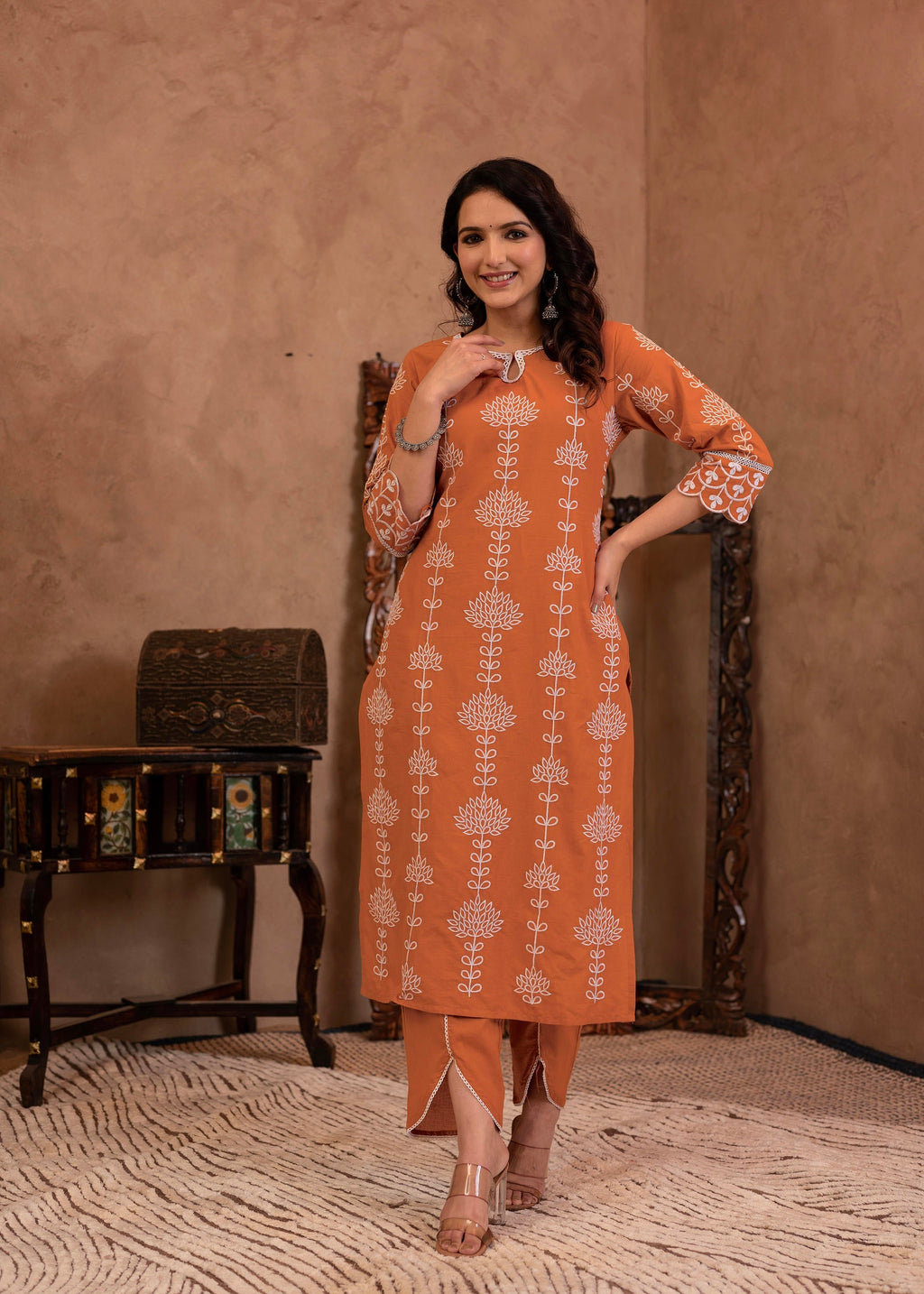 Juniper Rust Embroidered Cotton Kurta with Palazzo & Lace Details | Grocsy