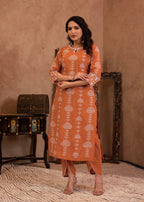 Juniper Rust Embroidered Cotton Kurta with Palazzo & Lace Details | Grocsy
