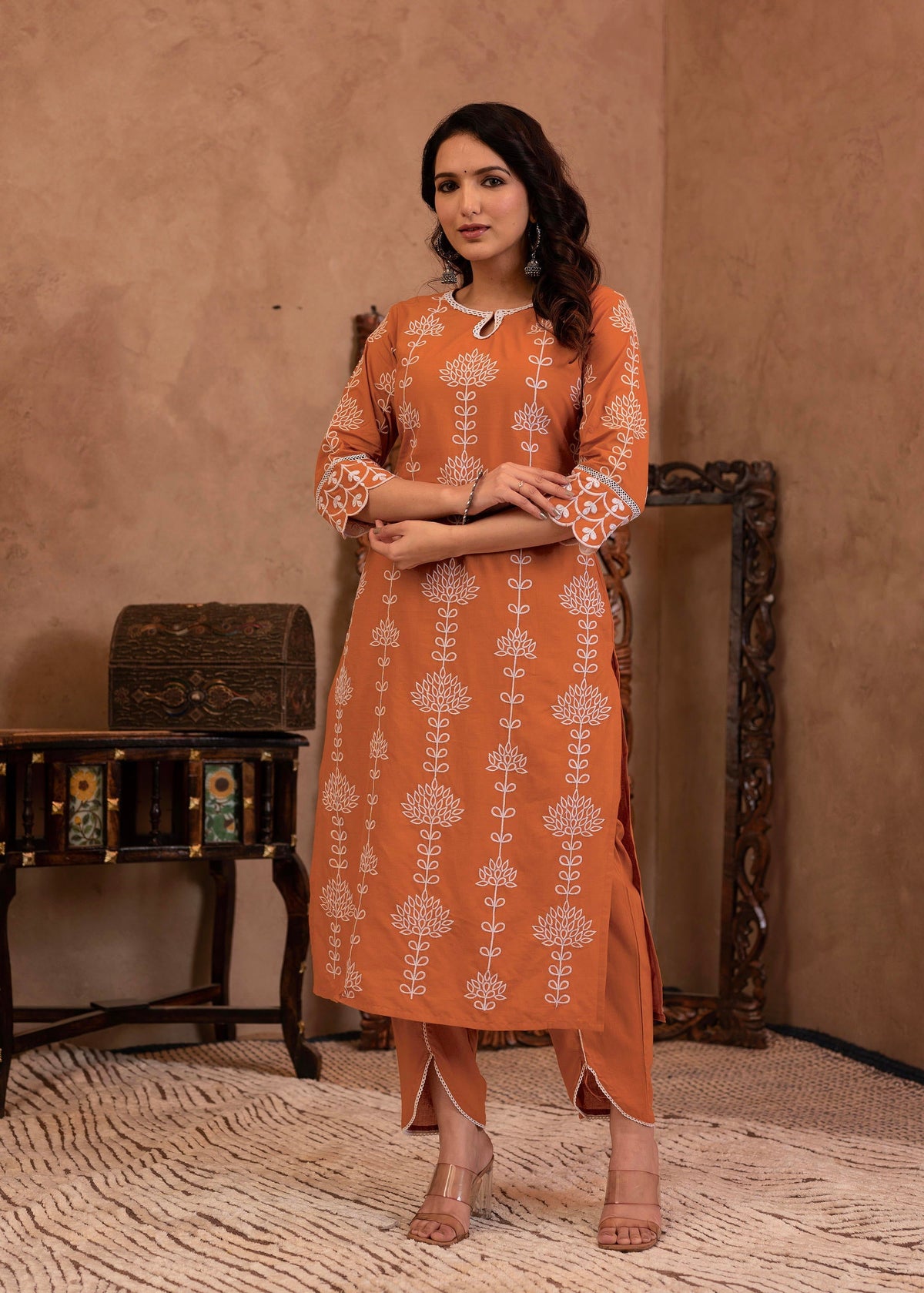 Juniper Rust Embroidered Cotton Kurta with Palazzo & Lace Details | Grocsy