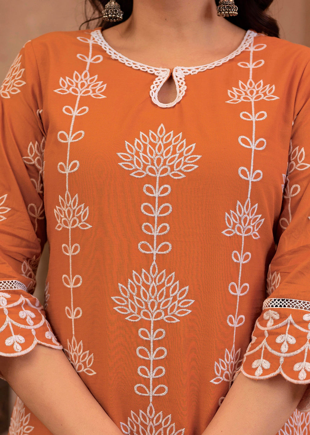 Juniper Rust Embroidered Cotton Kurta with Palazzo & Lace Details | Grocsy
