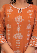 Juniper Rust Embroidered Cotton Kurta with Palazzo & Lace Details | Grocsy