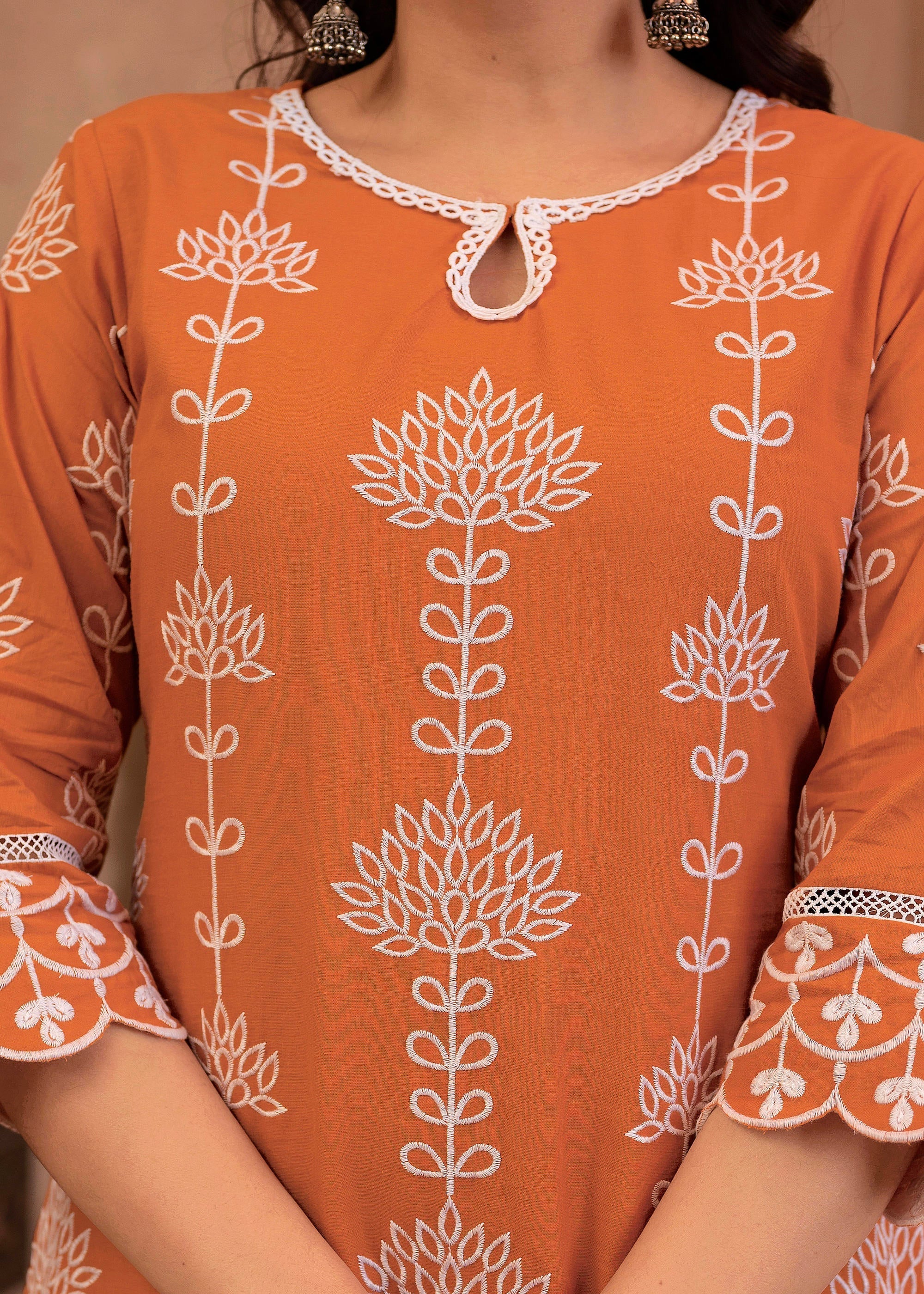 Juniper Rust Embroidered Cotton Kurta with Palazzo & Lace Details | Grocsy