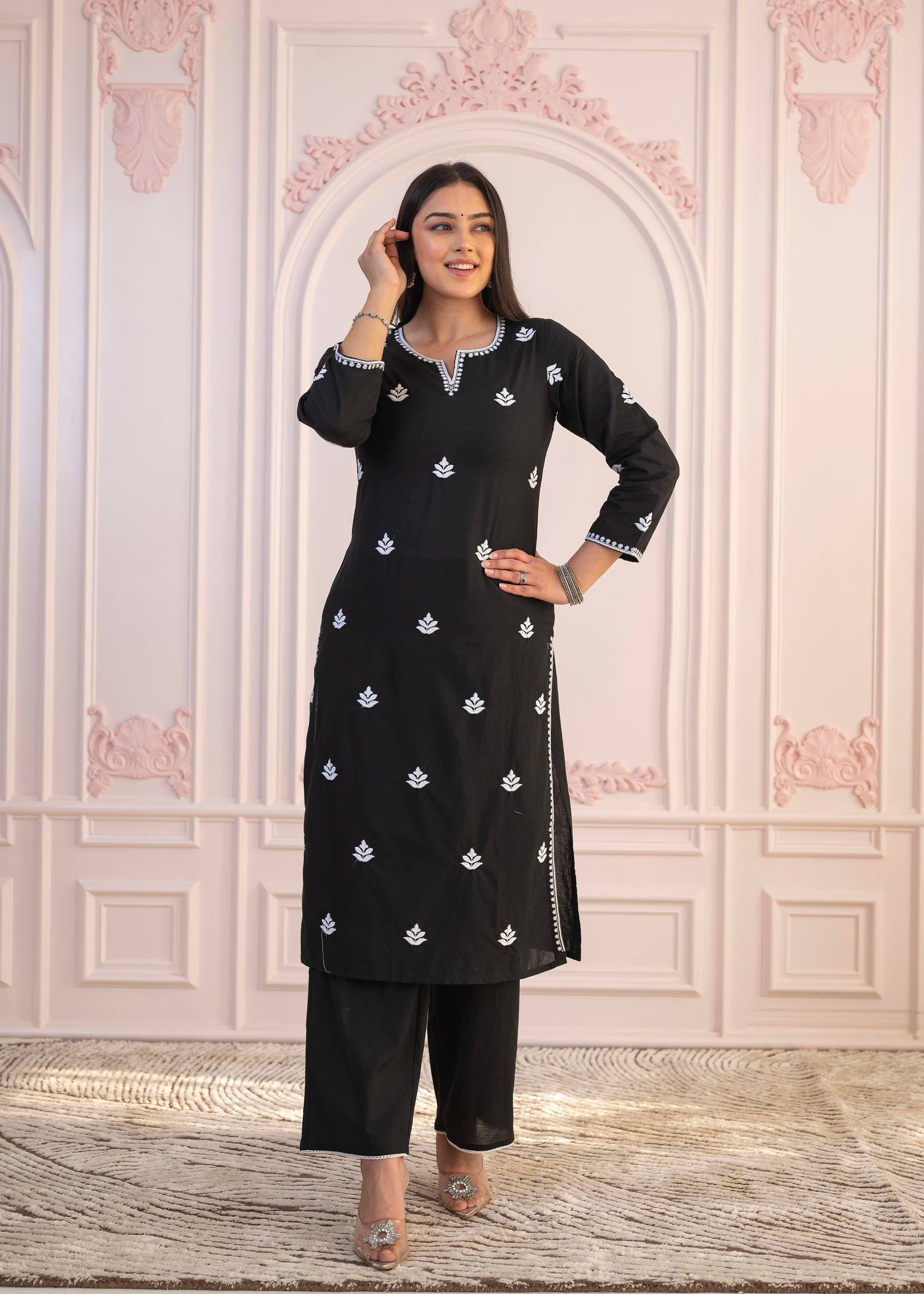 Juniper Black Floral Embroidered Cotton Slub Kurta with Palazzo | Grocsy
