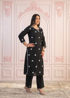 Juniper Black Floral Embroidered Cotton Slub Kurta with Palazzo | Grocsy