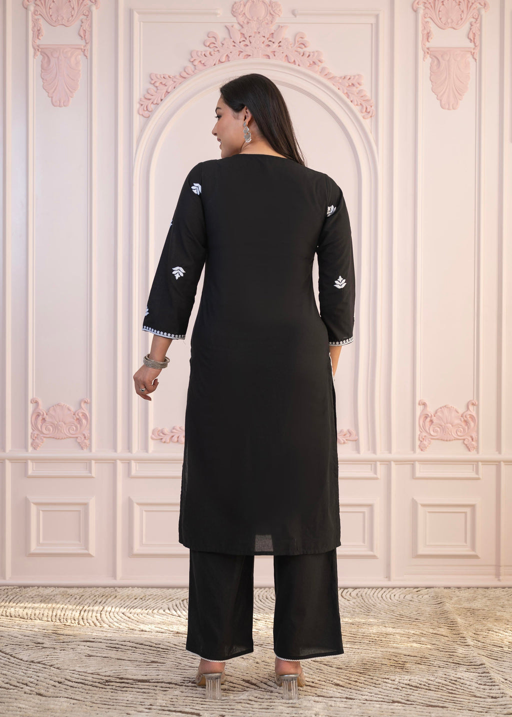 Juniper Black Floral Embroidered Cotton Slub Kurta with Palazzo | Grocsy