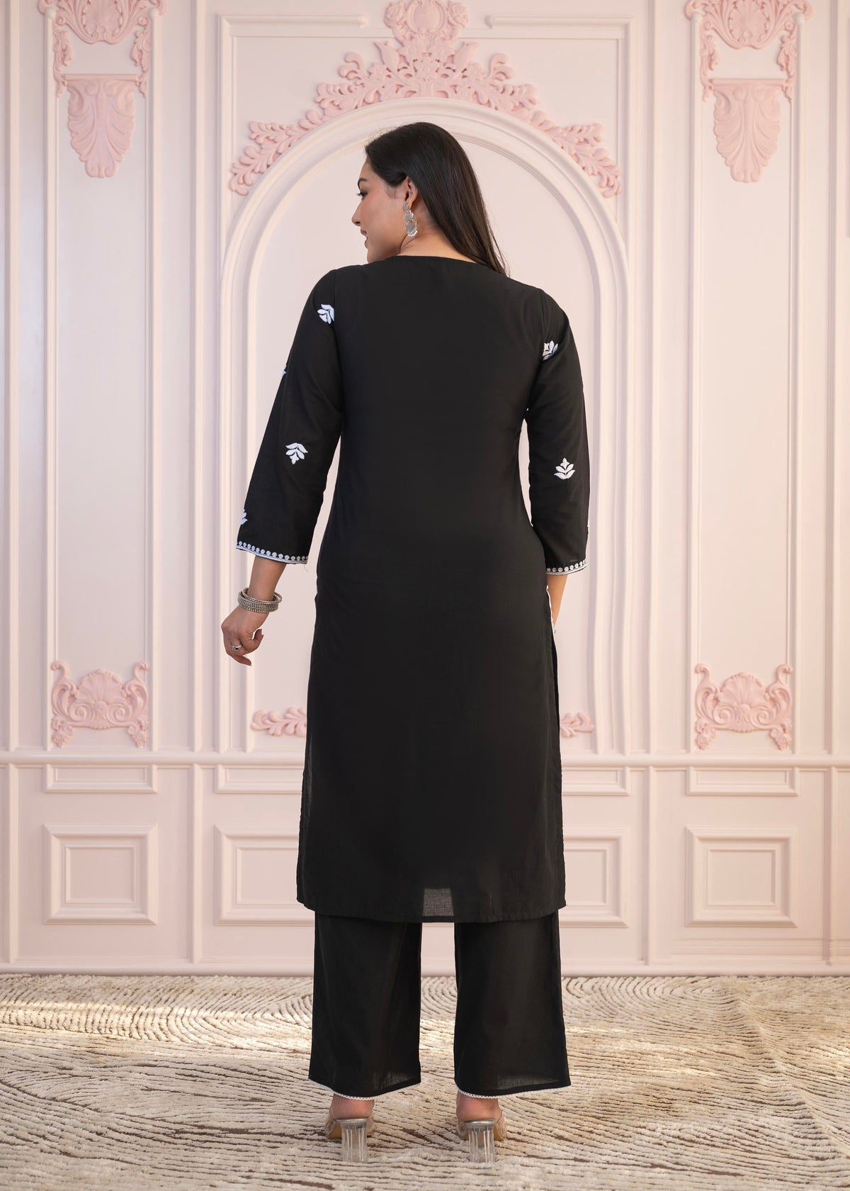 Juniper Black Floral Embroidered Cotton Slub Kurta with Palazzo | Grocsy