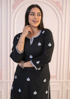 Juniper Black Floral Embroidered Cotton Slub Kurta with Palazzo | Grocsy
