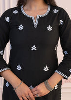 Juniper Black Floral Embroidered Cotton Slub Kurta With Palazzo | Grocsy