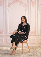 Juniper Black Floral Embroidered Cotton Slub Kurta with Palazzo | Grocsy