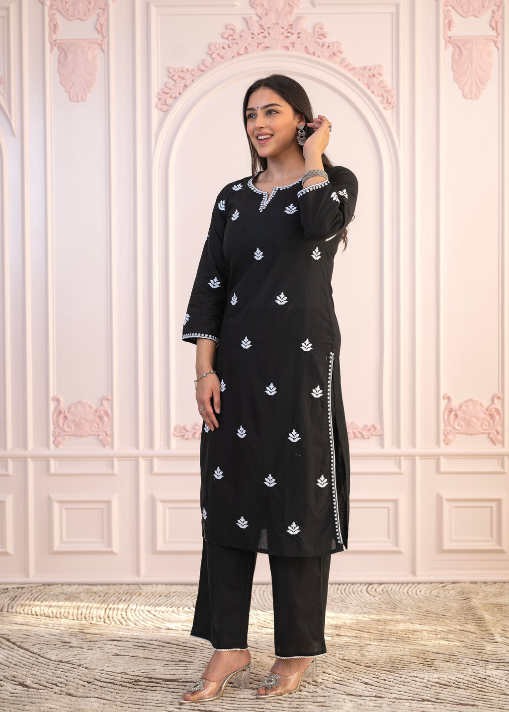 Juniper Black Floral Embroidered Cotton Slub Kurta with Palazzo | Grocsy