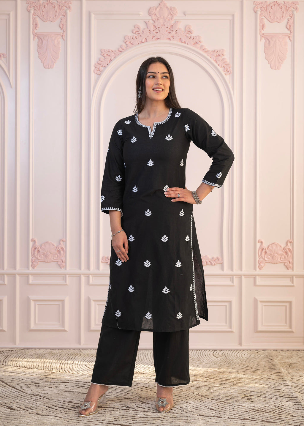 Juniper Black Floral Embroidered Cotton Slub Kurta with Palazzo | Grocsy
