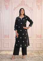 Juniper Black Floral Embroidered Cotton Slub Kurta with Palazzo | Grocsy
