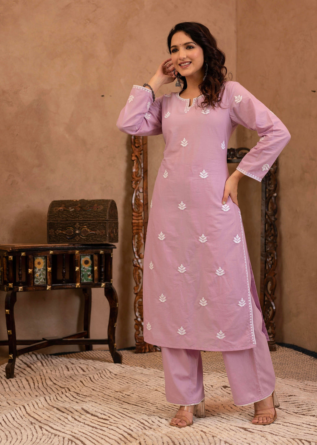 Juniper Lavender Embroidered Cotton Kurta with Palazzo | Grocsy