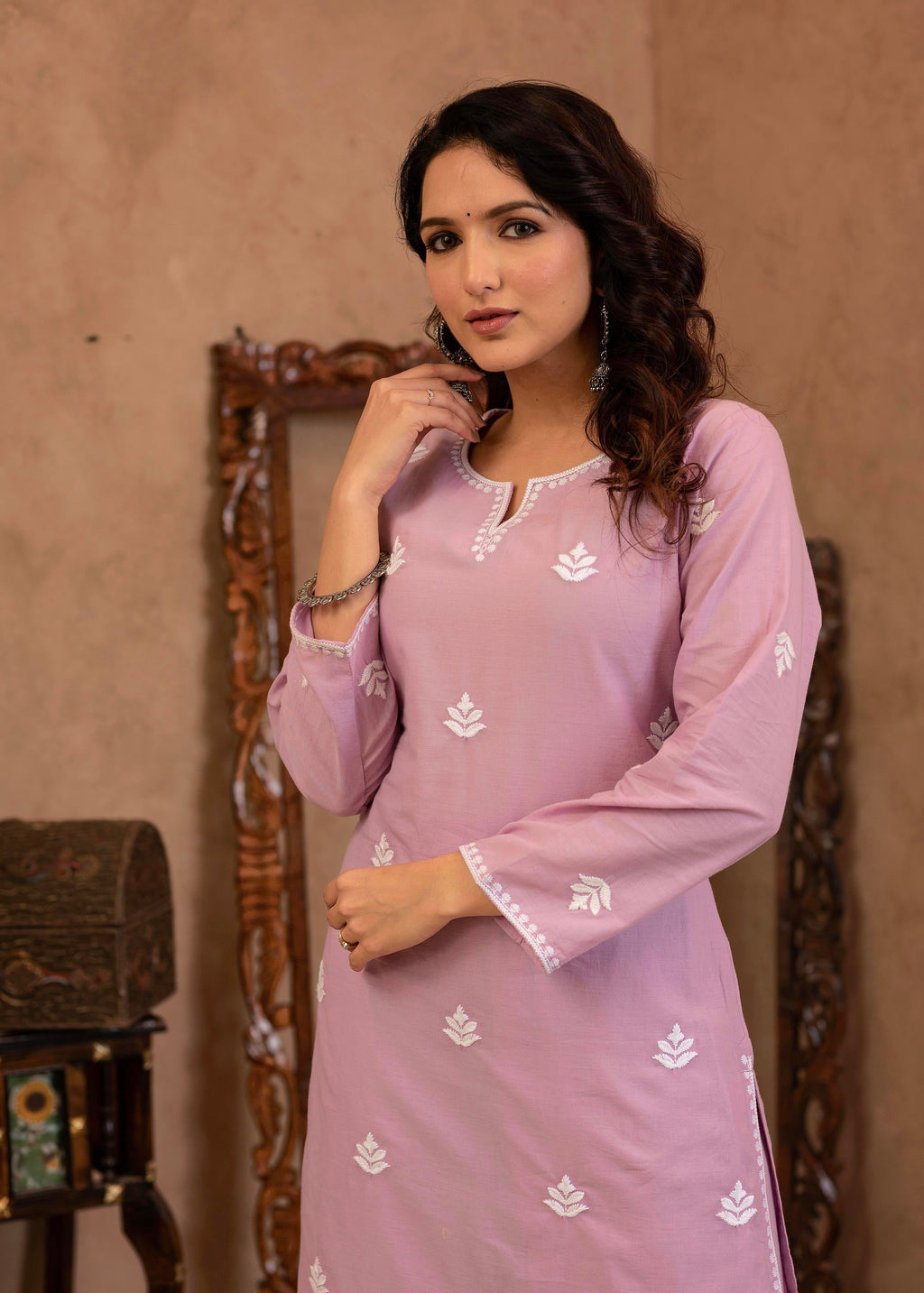Juniper Lavender Embroidered Cotton Kurta with Palazzo | Grocsy