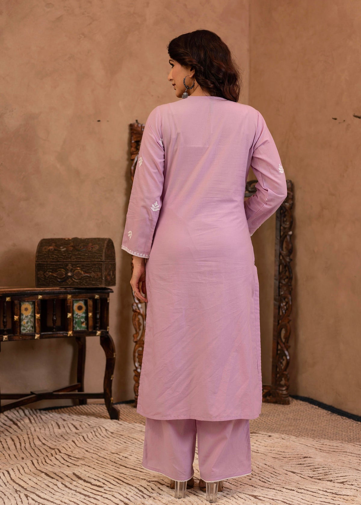 Juniper Lavender Embroidered Cotton Kurta with Palazzo | Grocsy