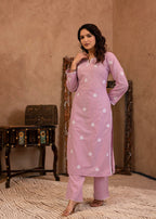 Juniper Lavender Embroidered Cotton Kurta with Palazzo | Grocsy