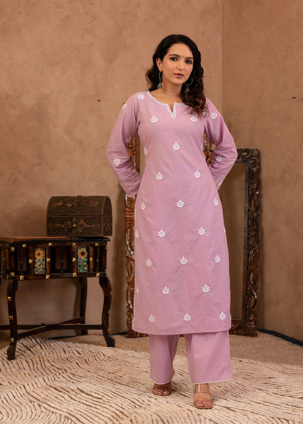Juniper Lavender Embroidered Cotton Kurta with Palazzo | Grocsy