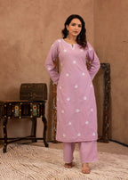 Juniper Lavender Embroidered Cotton Kurta with Palazzo | Grocsy