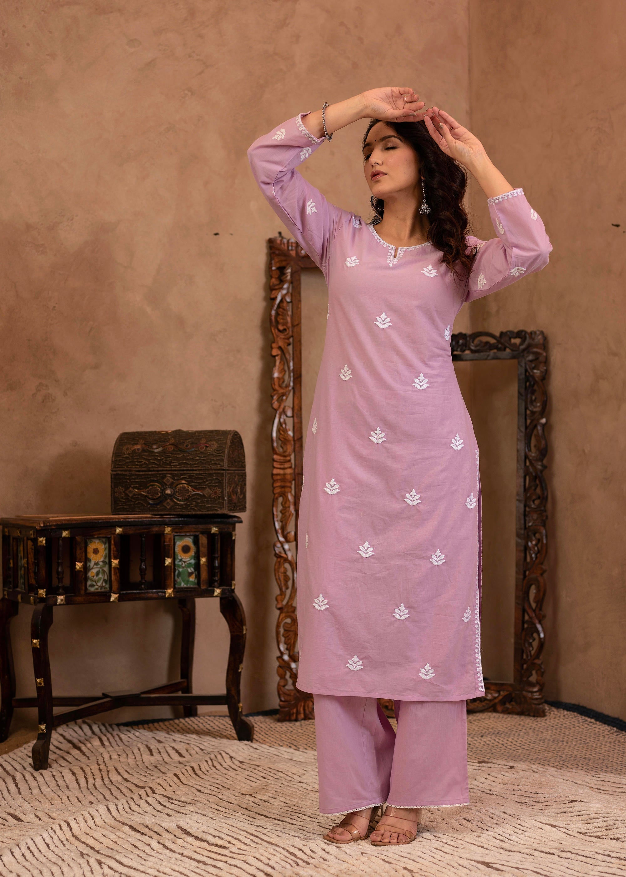 Juniper Lavender Embroidered Cotton Kurta with Palazzo | Grocsy
