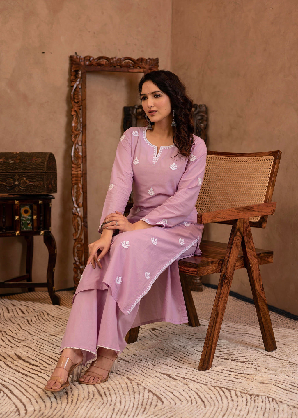 Juniper Lavender Embroidered Cotton Kurta with Palazzo | Grocsy