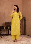 Juniper Lime Yellow Floral Embroidered Cotton Kurta with Palazzo & Lace Work | Grocsy