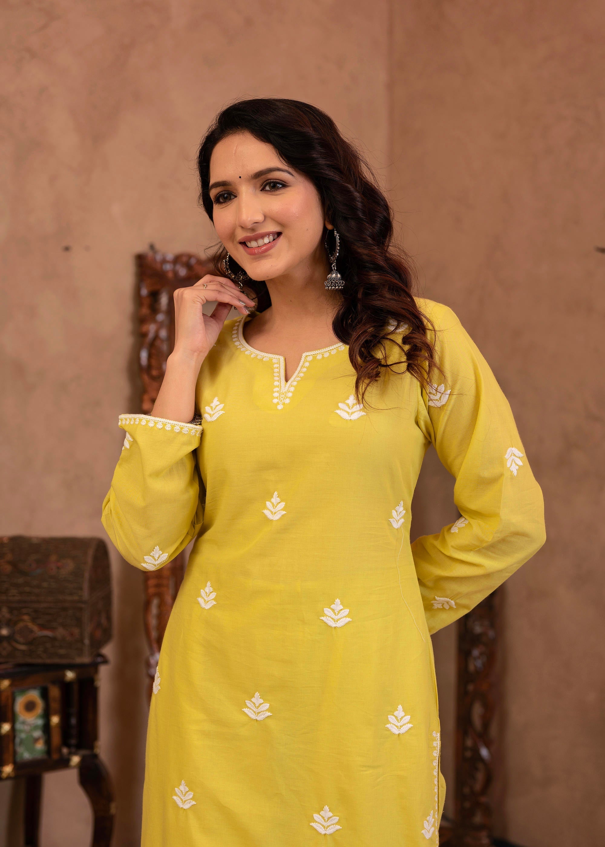 Juniper Lime Yellow Floral Embroidered Cotton Kurta with Palazzo & Lace Work | Grocsy