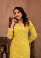 Juniper Lime Yellow Floral Embroidered Cotton Kurta With Palazzo & Lace Work | Grocsy