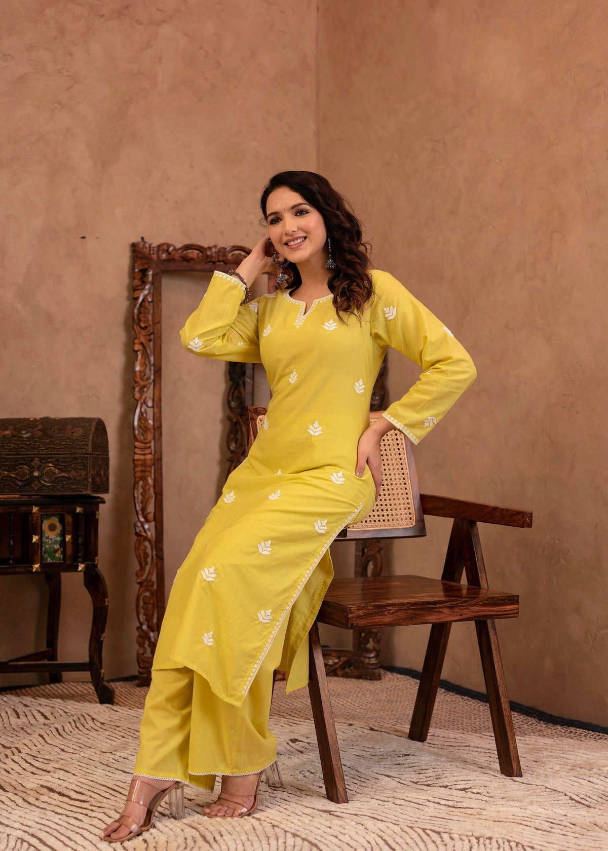 Juniper Lime Yellow Floral Embroidered Cotton Kurta with Palazzo & Lace Work | Grocsy