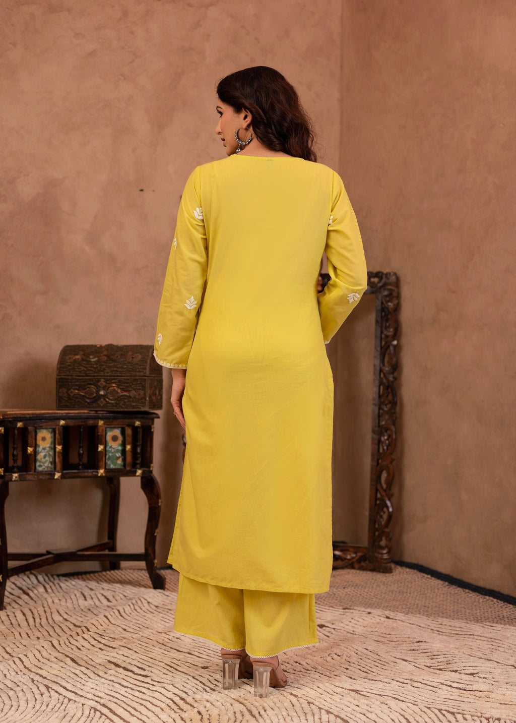 Juniper Lime Yellow Floral Embroidered Cotton Kurta with Palazzo & Lace Work | Grocsy