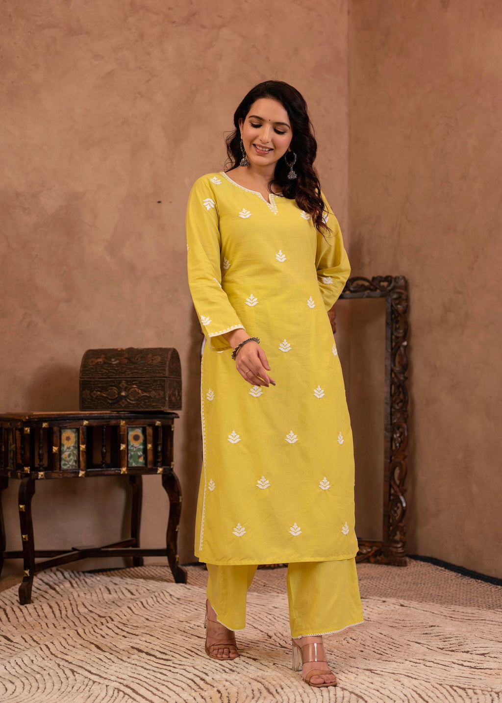 Juniper Lime Yellow Floral Embroidered Cotton Kurta with Palazzo & Lace Work | Grocsy