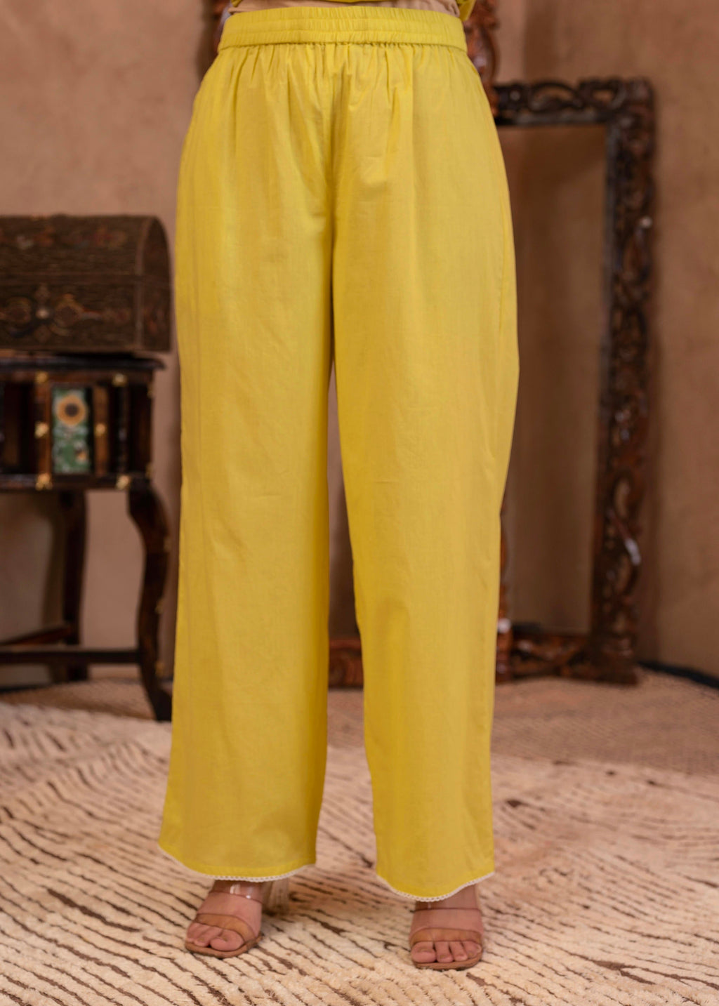 Juniper Lime Yellow Floral Embroidered Cotton Kurta with Palazzo & Lace Work | Grocsy