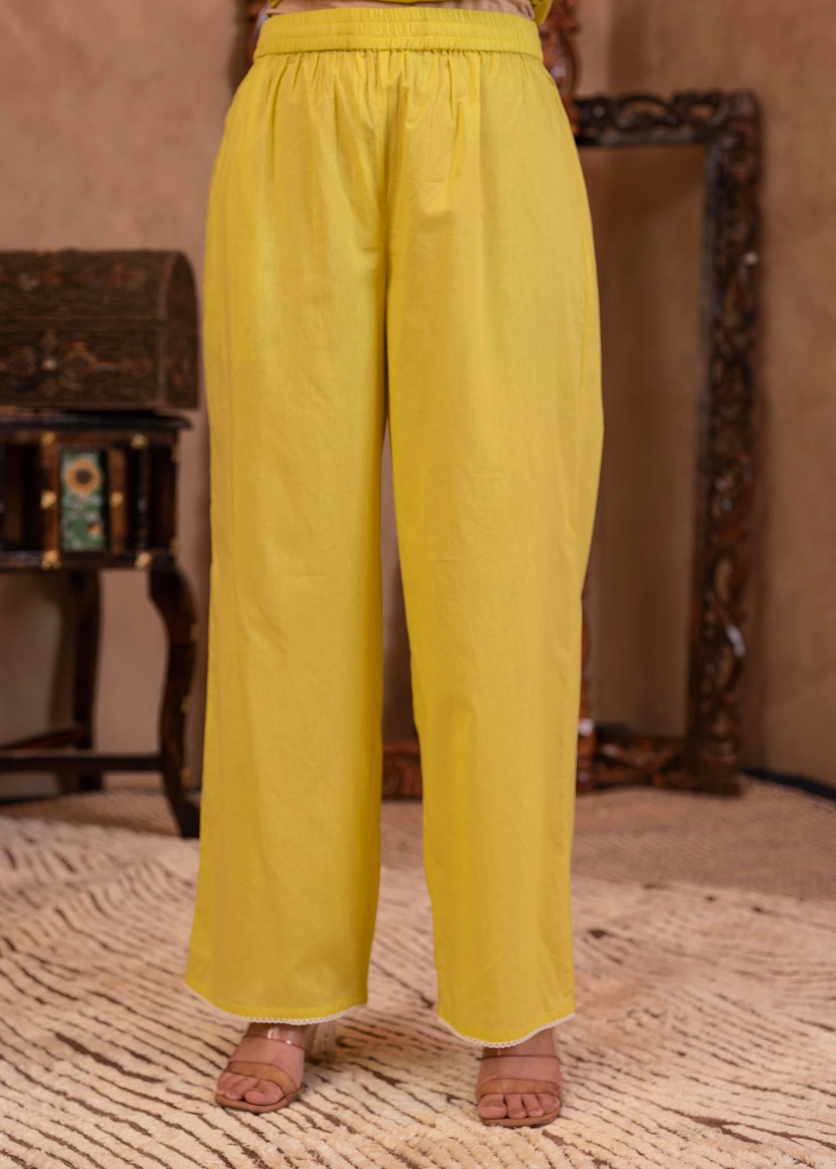 Juniper Lime Yellow Floral Embroidered Cotton Kurta with Palazzo & Lace Work | Grocsy