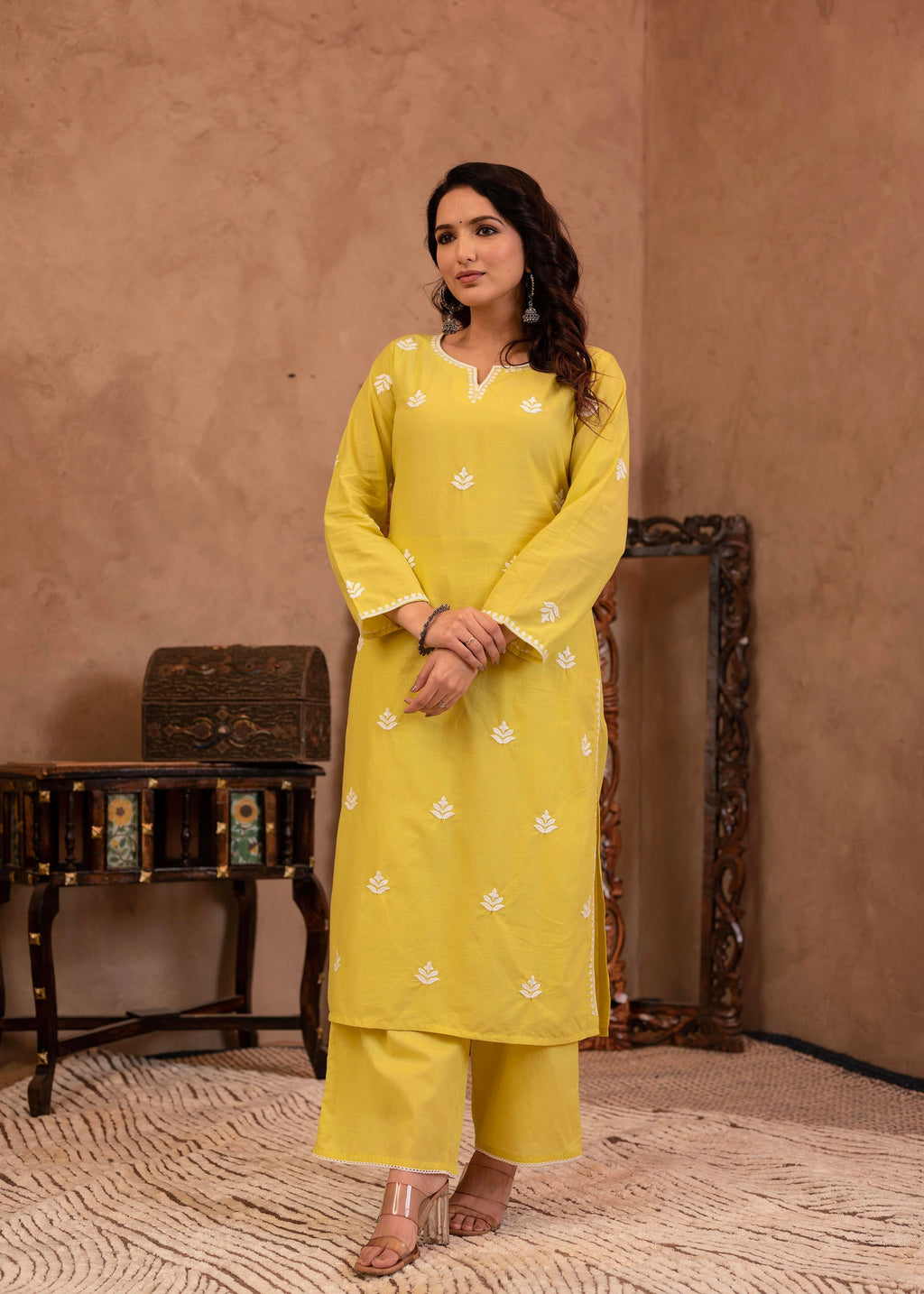 Juniper Lime Yellow Floral Embroidered Cotton Kurta with Palazzo & Lace Work | Grocsy