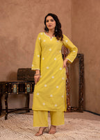 Juniper Lime Yellow Floral Embroidered Cotton Kurta with Palazzo & Lace Work | Grocsy