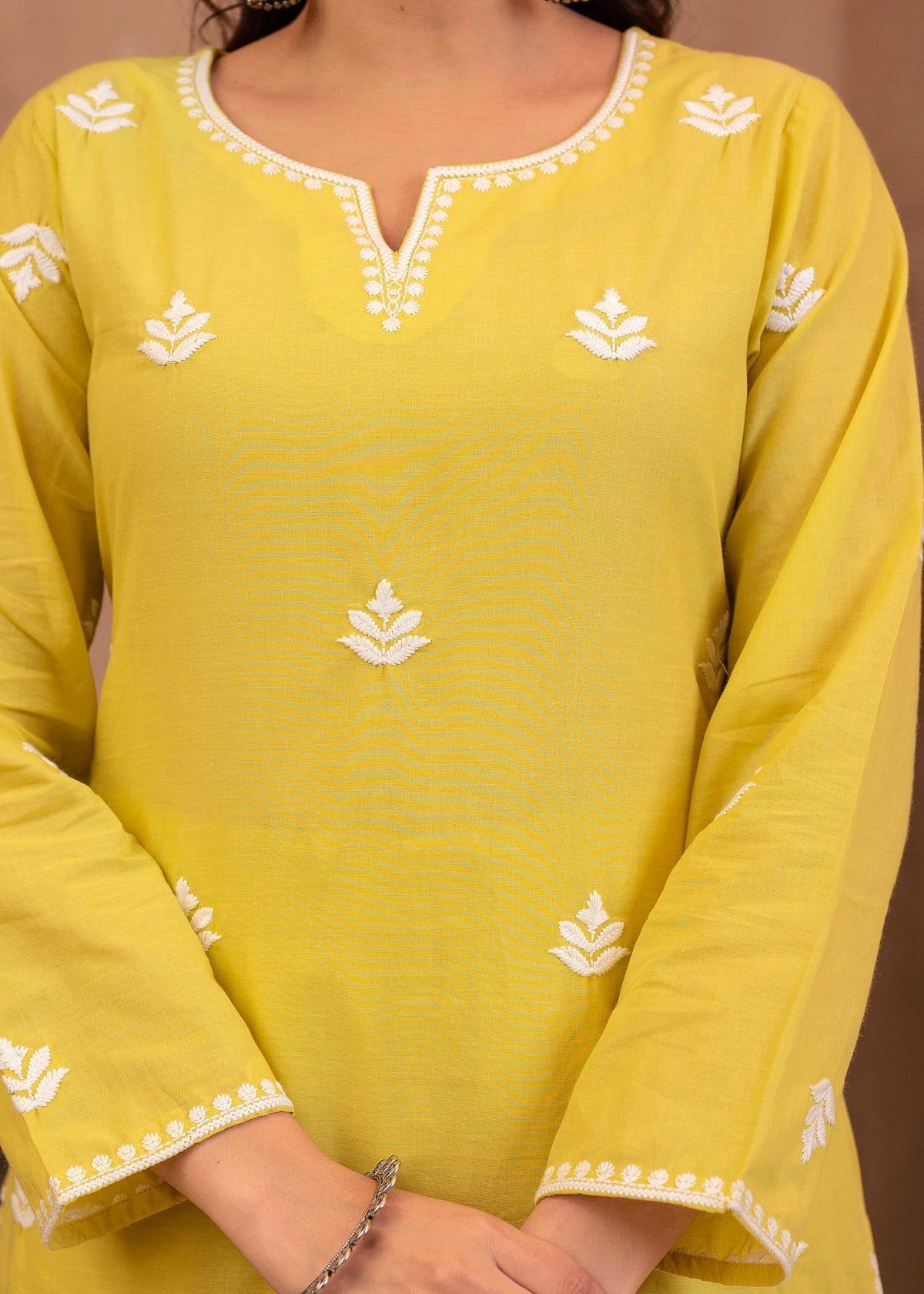 Juniper Lime Yellow Floral Embroidered Cotton Kurta with Palazzo & Lace Work | Grocsy