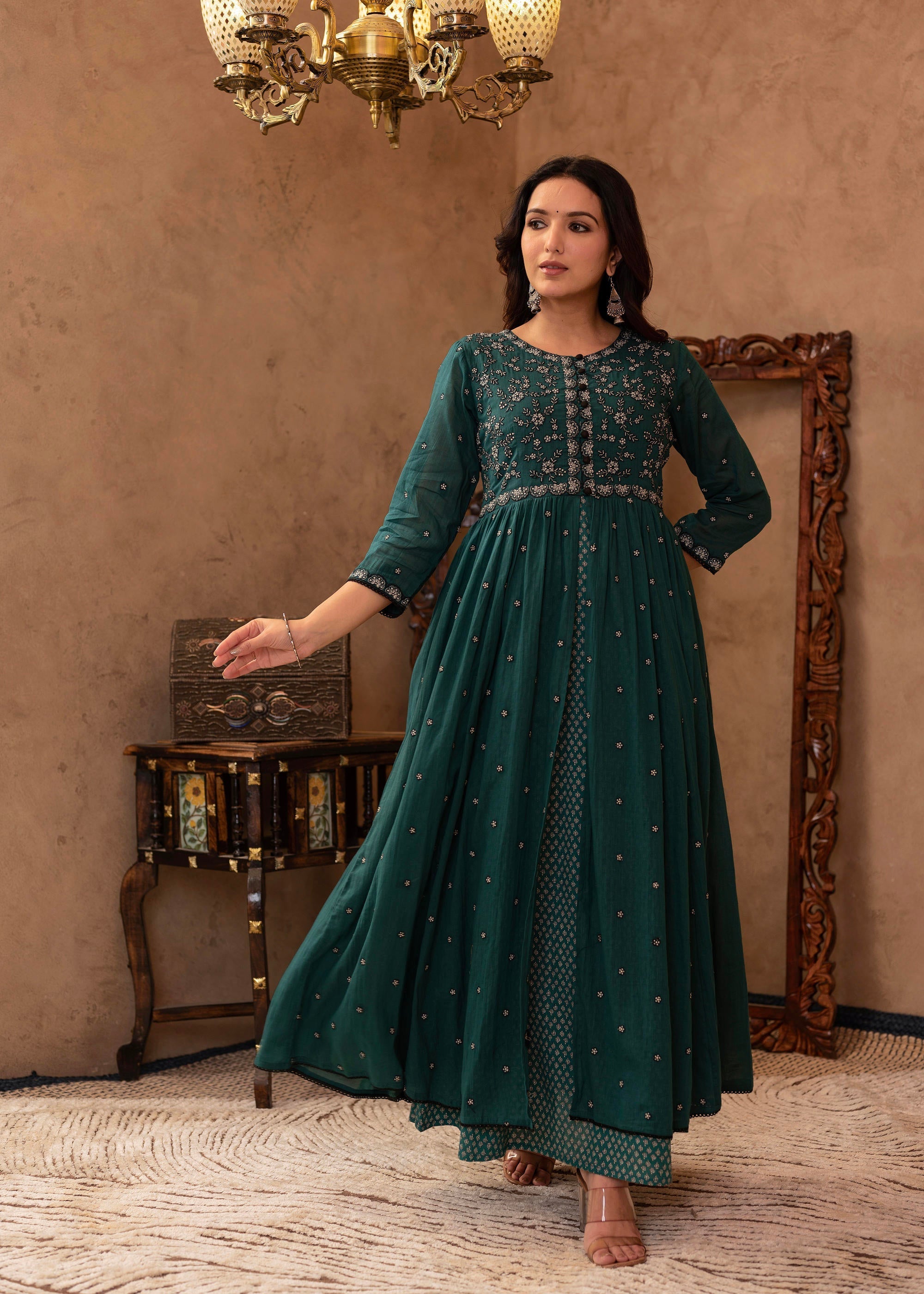Juniper Green Floral Embroidered Cotton Dress with Button Details | Grocsy