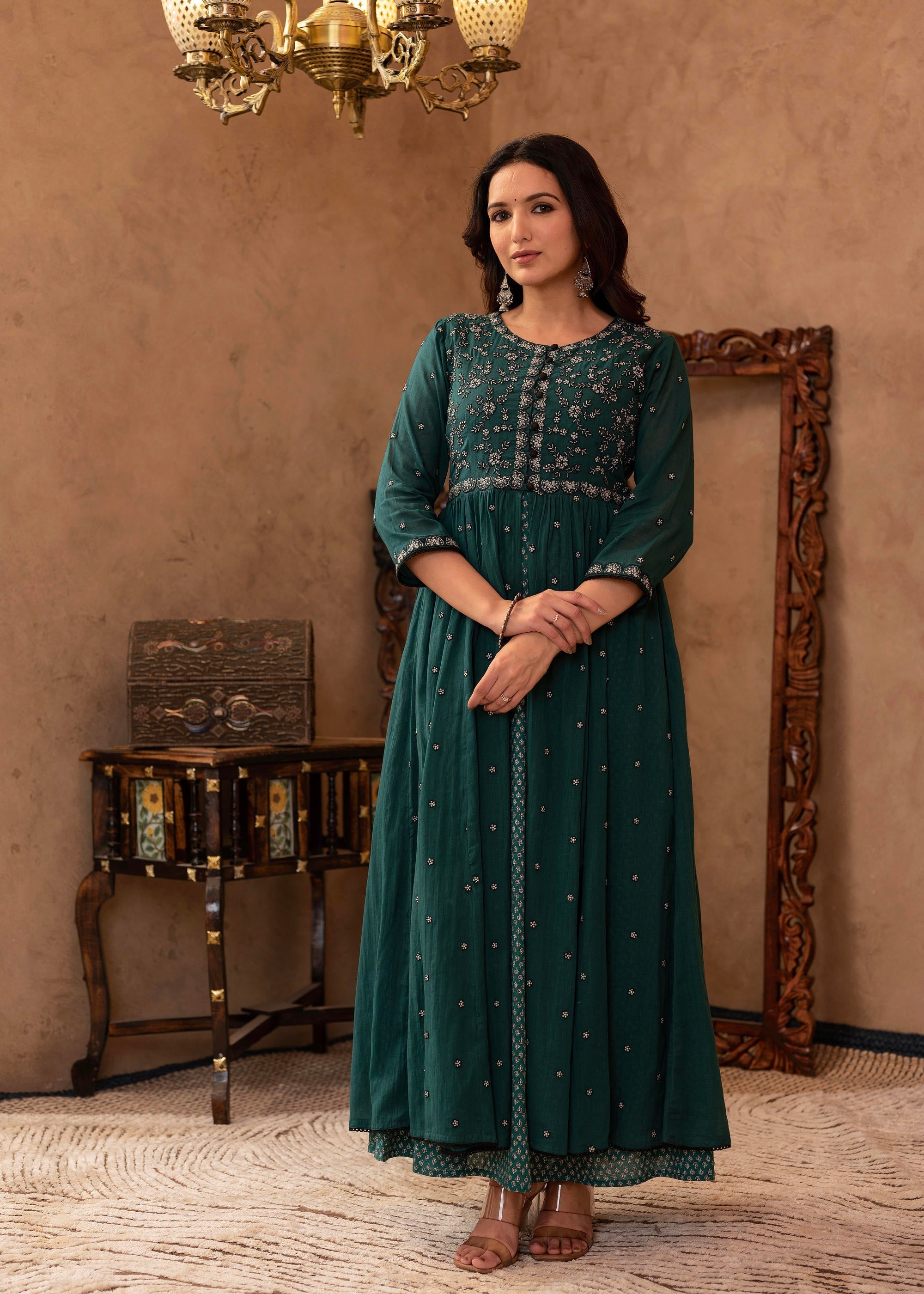 Juniper Green Floral Embroidered Cotton Dress with Button Details | Grocsy