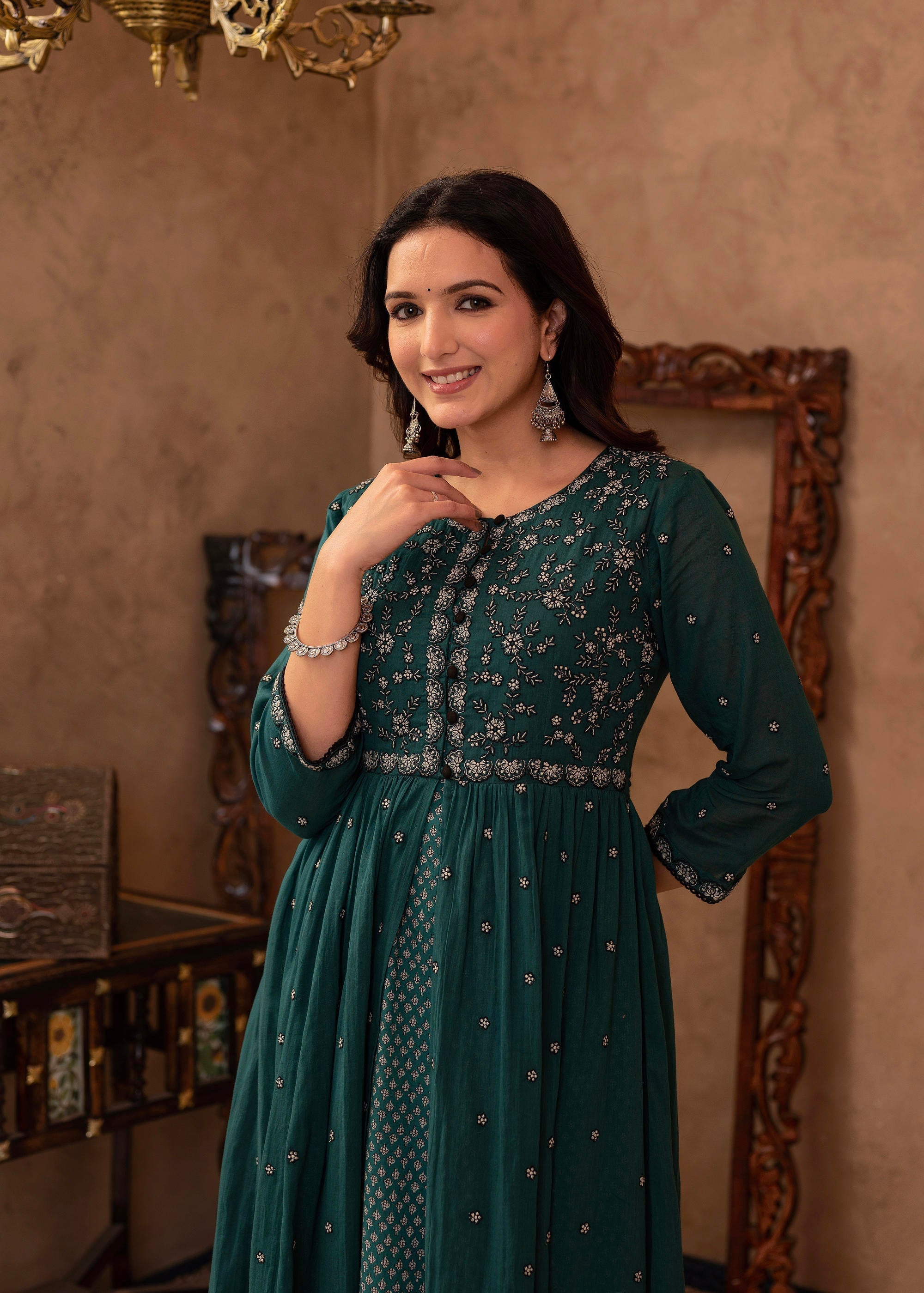 Juniper Green Floral Embroidered Cotton Dress with Button Details | Grocsy