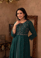 Juniper Green Floral Embroidered Cotton Dress With Button Details | Grocsy