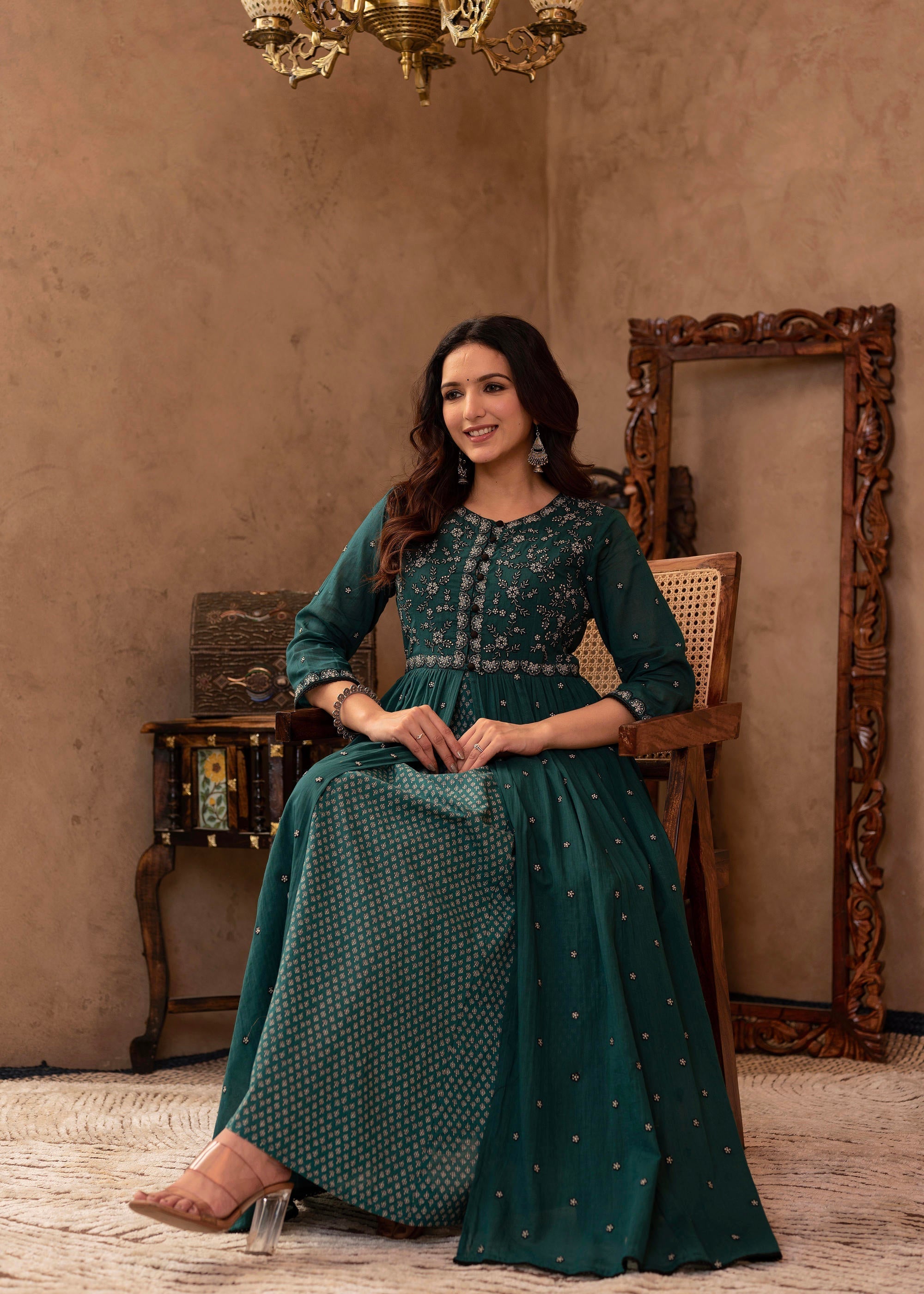 Juniper Green Floral Embroidered Cotton Dress with Button Details | Grocsy