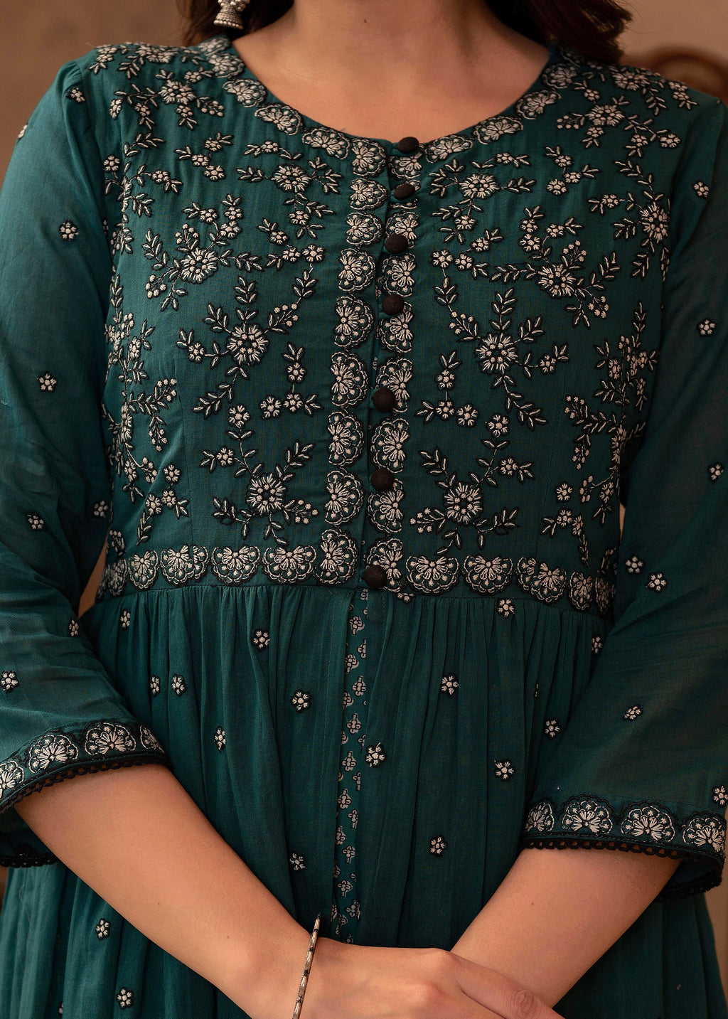 Juniper Green Floral Embroidered Cotton Dress with Button Details | Grocsy