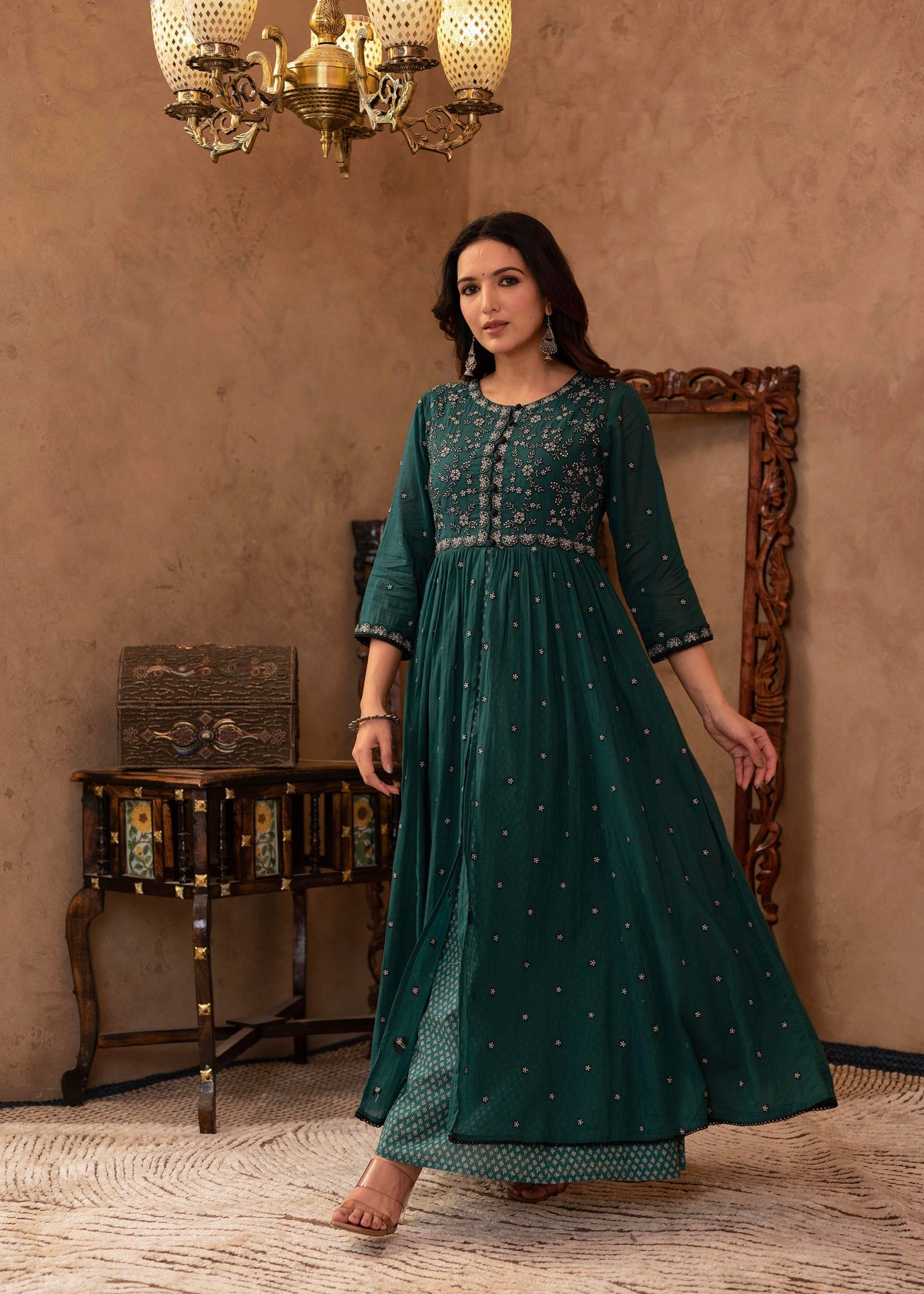 Juniper Green Floral Embroidered Cotton Dress with Button Details | Grocsy