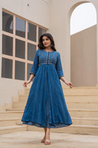 Juniper Indigo Floral Embroidered Cotton Dress with Button Closure & Cotton Lace | Grocsy