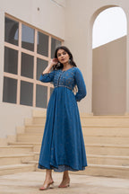 Juniper Indigo Floral Embroidered Cotton Dress with Button Closure & Cotton Lace | Grocsy